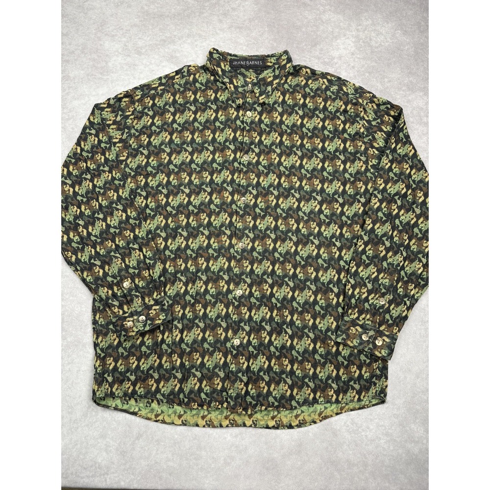 Jhane Barnes Shirt Mens XL Green Brown Camo Pattern Button Up Long Sleeve Cotton